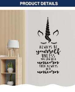 Close-up of unicorn wall decal with inspirational quote for home interior decoration