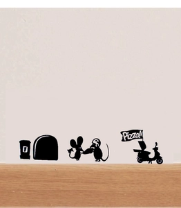 Détail de stickers muraux trou de souris noir avec souris rigolotes et vélo de pizza