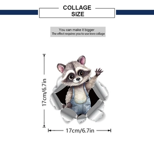 Détail du sticker mural raton laveur 3D affichant les dimensions 17 cm par 17 cm