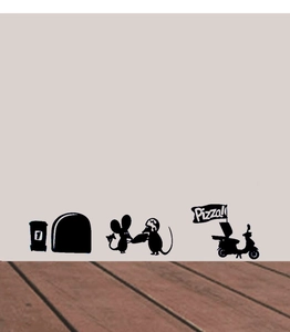 Stickers muraux trou de souris créatifs avec souris et scooter de livraison de pizza