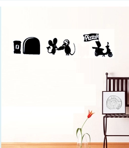 Sticker mural trou de souris créatif avec souris de dessin animé sur scooter de pizza