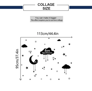 Detailed dimension guide for moon stars clouds wall stickers measuring 113cm by 95cm