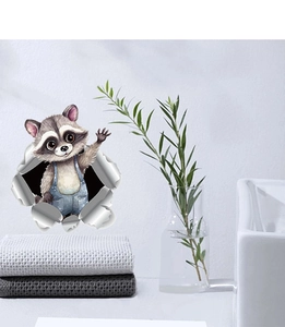 Détail d'un sticker mural 3D raton laveur avec effet de mur brisé pour décoration