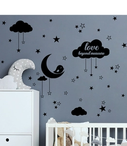Nursery wall stickers featuring black clouds, stars, and moon with love beyond measure text