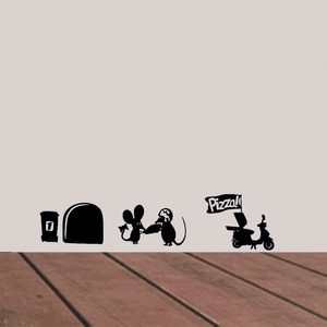 Sticker mural créatif trou de souris noir avec souris et moto pizza pour la maison