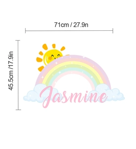 Detail of cartoon rainbow sun wall sticker with custom name and dimensions 71x45.5cm