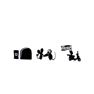 Sticker mural créatif silhouette trou de souris avec souris livreuse de pizza et moto