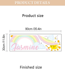Detailed dimension layout of cartoon rainbow cloud wall decal measuring 90x30cm