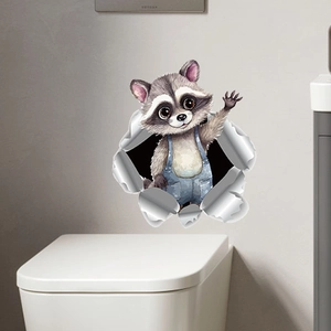 Sticker mural 3D raton laveur avec effet mur brisé pour décoration de salon et chambre