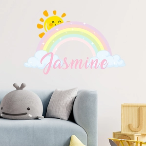 Detail of personalized cartoon rainbow wall sticker with name Jasmine for kids bedroom