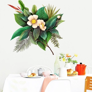 Adesivi murali nordici con foglie verdi e fiori bianchi per decorazione del soggiorno