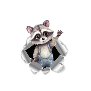 Sticker mural 3D raton laveur en salopette avec effet de papier déchiré pour chambre