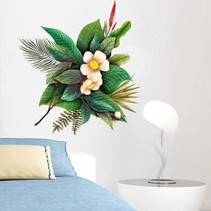 Adesivi murali botanici con foglie tropicali verdi e fiori bianchi per decorare la camera