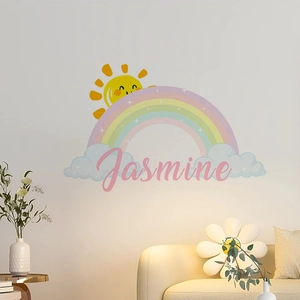 Cartoon rainbow and sun wall stickers with customizable name for nursery decor