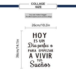 Macro detail of minimalist wall sticker with Spanish quote and dimensions 26x36cm