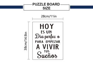 Detailed dimension guide for the 28x38cm Spanish quote wall art puzzle board