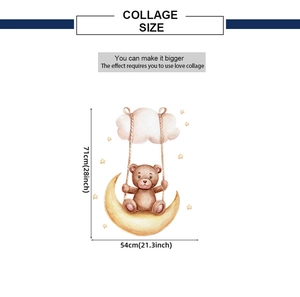 Detailed dimensions of watercolor bear on moon wall sticker, 71cm height by 54cm width