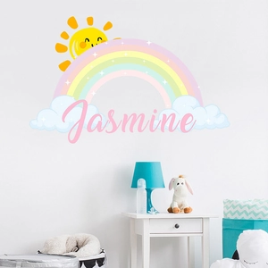 Cartoon rainbow cloud wall decal with personalized sun and stars for kids' bedroom decor