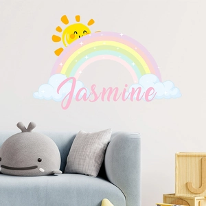 Custom rainbow and sun wall decal with name Jasmine for kids bedroom nursery decor
