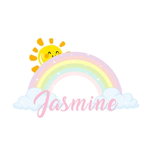 Cartoon rainbow and sun wall decal with personalized name Jasmine for kids bedroom