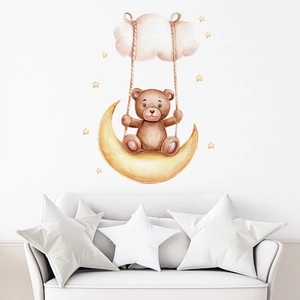 Watercolor Cartoon Bear On Moon Cloud Stars Wall Stickers Removable PVC Decorative Wall Decals For Kids Room Nursery Decor