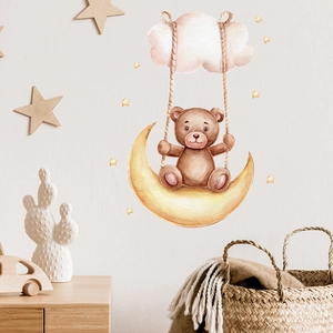 Watercolor wall sticker with brown bear on golden moon and cloud for nursery decor