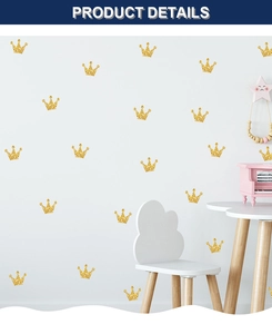 Detail of gold glitter crown wall stickers with sparkling texture for nursery decor