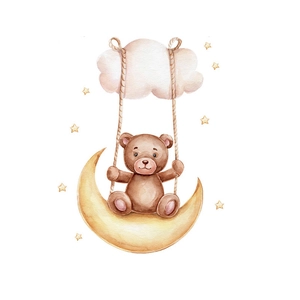 Watercolor wall sticker featuring a brown bear on a yellow crescent moon with stars