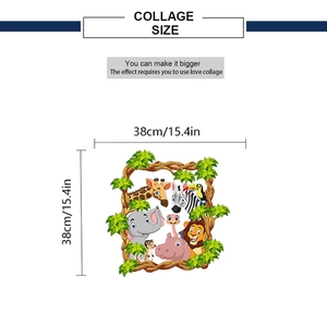 Detailed dimension layout of forest animal wall stickers measuring 38x38cm and 15.4in