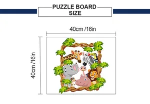 Detailed size chart for children's jungle animal puzzle board showing 40x40cm dimensions
