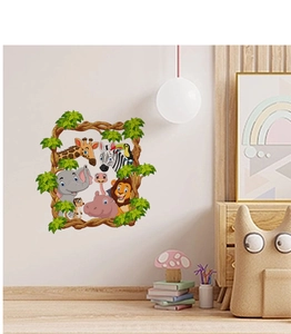 Vibrant cartoon safari animals wall decal with giraffe and lion for children bedroom