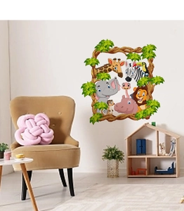 Detail of 3D cartoon forest animals wall sticker with giraffe and elephant for kids room