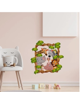 Detailed jungle animal wall decal with lion, elephant, and giraffe on pink wall