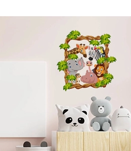 Detail of colorful cartoon jungle animals wall stickers with giraffe and elephant for kids room