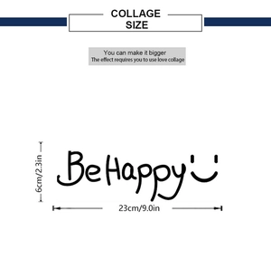 Detailed dimension guide showing Be Happy wall sticker measuring 23cm by 6cm in black