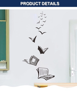 Detail of creative flying birds and book wall decal in black vinyl for home library decor