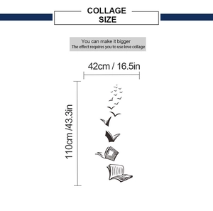 Size chart for cartoon book to birds wall decal measuring 42cm by 110cm in black PVC