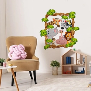 Cartoon animal wall stickers featuring giraffe and elephant for kids room decor