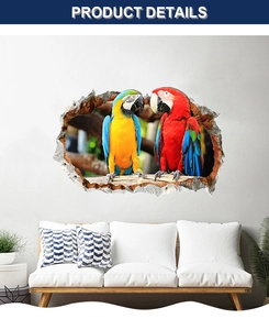 3D wall crack decal featuring two colorful macaws on a minimalist living room wall