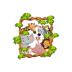 Cartoon safari animal wall stickers with lion elephant and giraffe in a leaf wreath