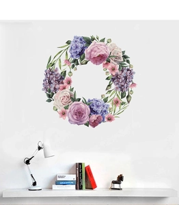 Detailed watercolor floral wreath wall sticker featuring pink roses and purple hydrangeas