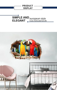3D broken wall decal featuring colorful parrots for bedroom and living room decor