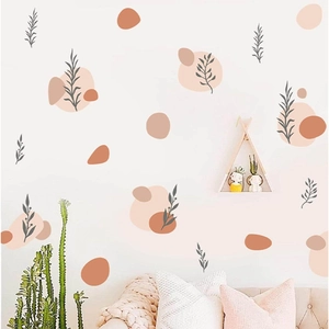 Adesivi murali boho con forme geometriche terracotta e foglie grigie per decorare