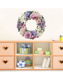 Detail of hand-painted watercolor floral wreath wall decal with pink roses and green leaves