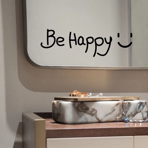 Minimalist Be Happy wall sticker with smiley face on a mirror in a modern room setting