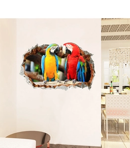 Detailed 3D effect parrot wall decal showing two colorful birds peering from a broken wall