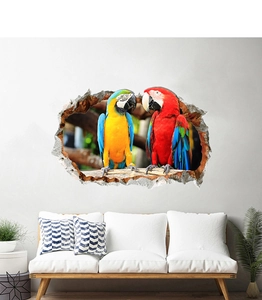 Detailed 3D wall sticker featuring colorful parrots and realistic broken stone wall effect