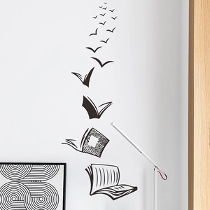 Creative flying birds and books wall decal in black for modern home living room decor