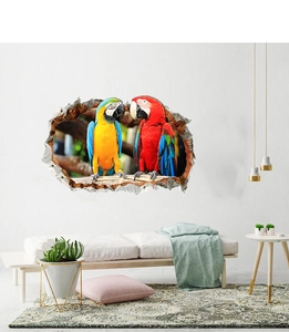 3D wall sticker detail showing lifelike colorful macaws in a broken wall visual effect