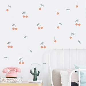 Cute cherry wall decals in pink and grey-green for kids bedroom and nursery decor